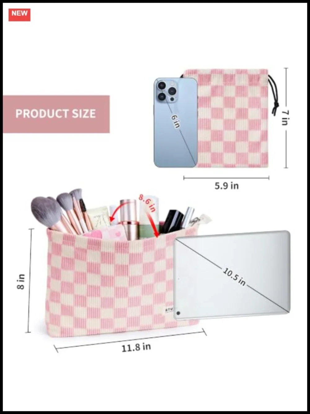 2pcs Checkered Corduroy Makeup Bag Set with Waterproof Lining, Travel Toiletry